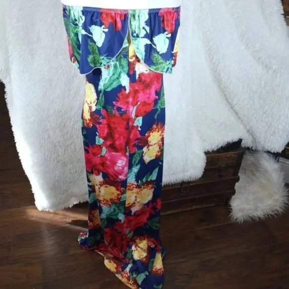 Suimiki Off Shoulder Cruise/Summer Wear Floral Maxi Dress Sz. XL Blue/Pi… - Picture 4 of 8